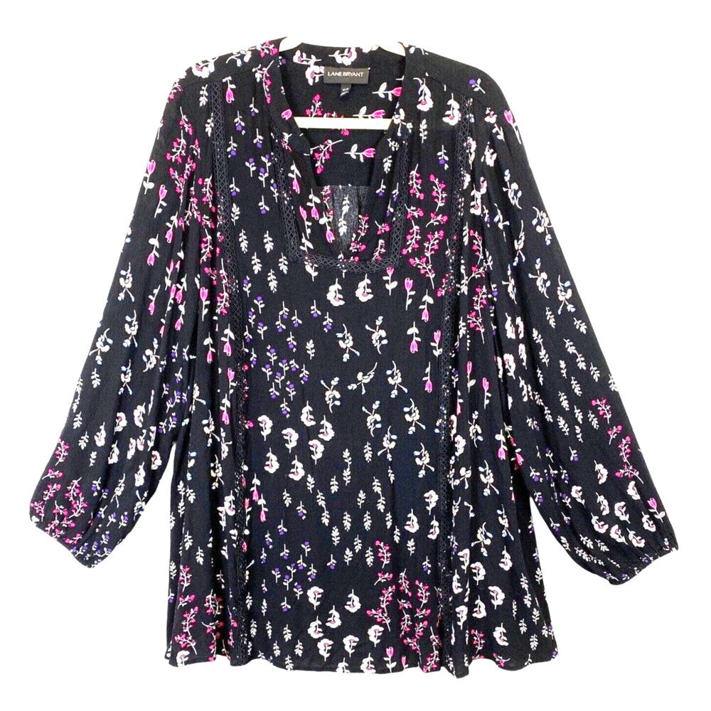 Lane Bryant Black Floral Gauzy Tunic Top V Neck Lace Balloon Sleeve Women Sz 18
